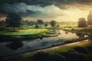 Matin vert le golf champ avec bassin avec lumière du soleil fabriqué avec génératif ai photo