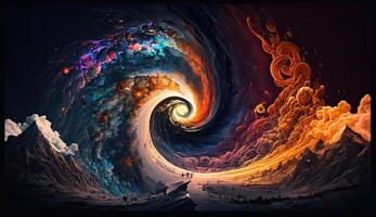 Montagne spirale galaxie laiteux façon étoiles autre dimension nuage espace explosion Contexte ai généré photo