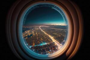 à l'intérieur avion fenêtre en dessous de ville lumière fabriqué avec génératif ai photo
