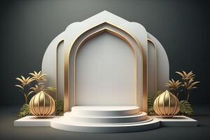 luxe islamique Ramadan podium étape produit afficher or et blanc ai généré photo