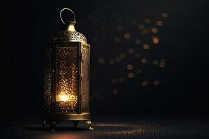 islamique or lanterne des stands avec bougie lumière ornement Ramadan kareem vert Contexte généré ai photo
