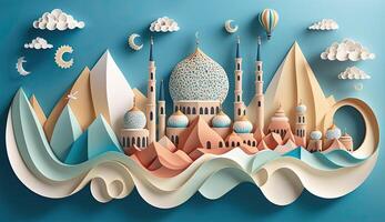 Ramadan mosquée papier quilling Montagne et mer paysage Coupe papier avec bleu ciel Contexte ai généré photo