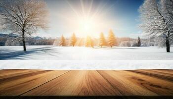 vide en bois Haut table floue neige ensoleillé journée Contexte fabriqué avec génératif ai photo