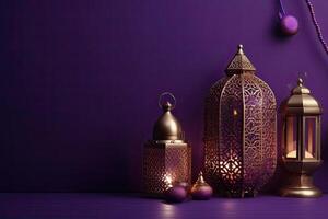 islamique lanterne d'or et violet luxe ornement Ramadan kareem fête Contexte ai généré photo