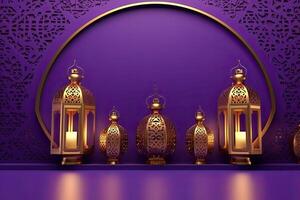 islamique lanterne d'or et violet luxe ornement Ramadan kareem fête Contexte ai généré photo