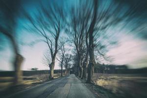 vieux étroit asphalte route avec des arbres sur le côté de le route pendant une voiture balade dans de bonne heure printemps photo