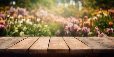 vide en bois table dans fleurs jardin flou arrière-plan, gratuit espace pour produit afficher. génératif ai photo