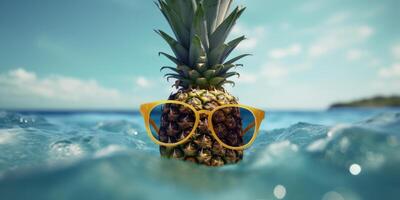 ananas avec des lunettes de soleil sur tropical mer été Contexte. génératif ai photo