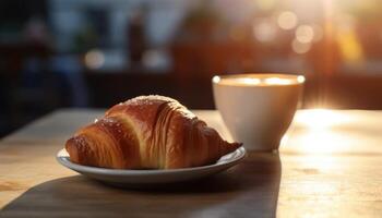 croissant et café sur le tableau. ensoleillé matin, rue vue dans le Contexte. génératif ai photo