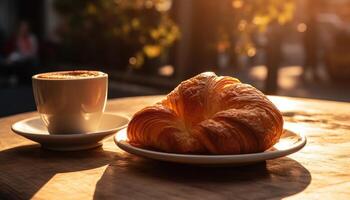 croissant et café sur le tableau. ensoleillé matin, rue vue dans le Contexte. génératif ai photo