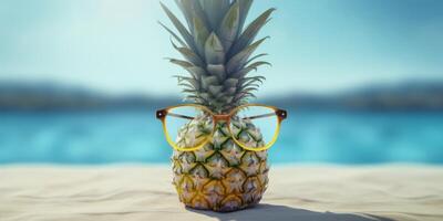 ananas avec des lunettes de soleil sur tropical mer été Contexte. génératif ai photo