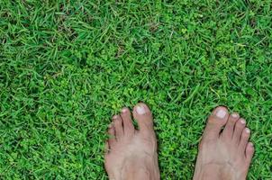 pieds sur vert champ de pelouse pour concept Contexte photo