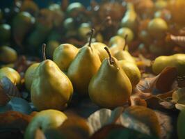 magnifique biologique Contexte de fraîchement choisi poires établi avec génératif ai La technologie photo
