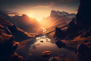 scénique lever du soleil dans le haute montagnes de le Alpes génératif ai photo