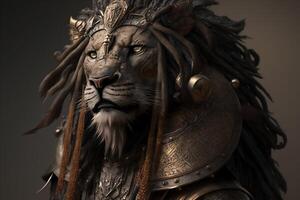 Lion Roi avec plein armure et arme génératif ai photo