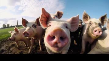 groupe de les cochons dans ferme cour. génératif ai photo