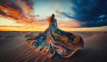 gracieux femme permanent sur plage dans écoulement coloré robe. génératif ai photo