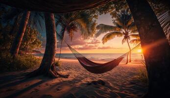 une tropical plage à le coucher du soleil avec une hamac en dessous de une paume arbre. génératif ai photo