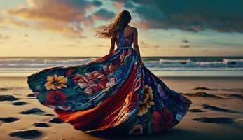 gracieux femme permanent sur plage dans écoulement coloré robe. génératif ai photo