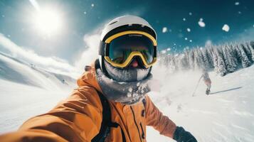 snowboarder capture épique moment dans première personne voir. génératif ai photo