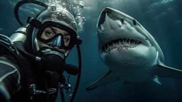 plongeur selfie capture palpitant moment avant rencontre avec requin. génératif ai photo