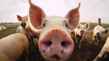 groupe de les cochons dans ferme cour. génératif ai photo