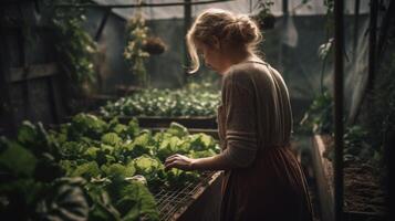 magnifique femme cultive sa posséder frais, biologique des légumes dans une petit jardin. génératif ai photo