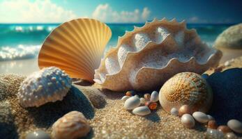 coquilles sur sablonneux plage. génératif ai photo