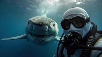 plongeur selfie capture palpitant moment avant rencontre avec requin. génératif ai photo