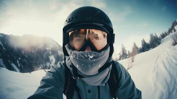 snowboarder capture épique moment dans première personne voir. génératif ai photo