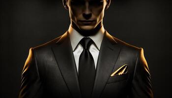 une fermer silhouette de une riches homme d'affaire dans noir et or costume. génératif ai photo