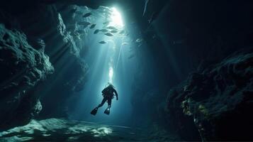 découvrir le merveilles de le sous-marin monde scaphandre autonome plongeur exploration. génératif ai photo