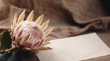 séché protea fleur avec Vide papier carte. luxe Contexte. illustration ai génératif photo
