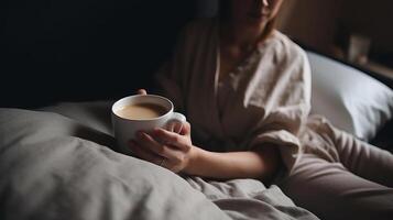 fille dans lit avec tasse de café. illustration ai génératif photo