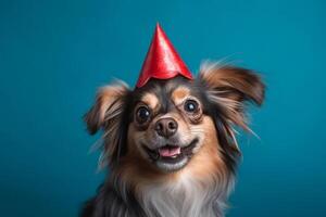 mignonne chien dans anniversaire casquette. illustration ai génératif photo