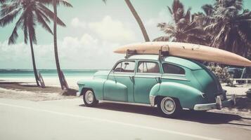 vieux voiture avec le surf planche. illustration ai génératif photo