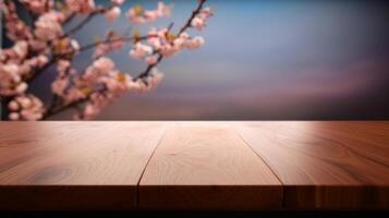 vide en bois table avec Sakura fleurs. illustration ai génératif photo