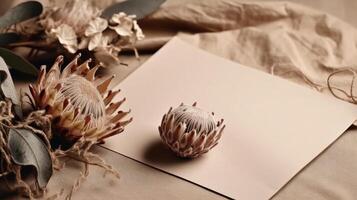séché protea fleur avec Vide papier carte. luxe Contexte. illustration ai génératif photo