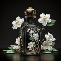 luxe jasmin parfum bouteille dans foncé noir Contexte .génératif ai photo