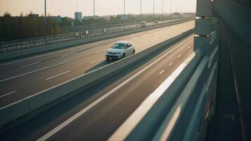 blanc la vitesse voiture sur route. illustration ai génératif photo