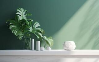 minimal, moderne blanc marbre pierre compteur tableau, tropical monstera plante arbre dans lumière du soleil sur vert mur Contexte pour luxe biologique cosmétique, peau se soucier, beauté produit afficher, génératif ai, ai photo