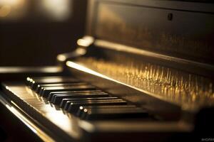 piano clés à d'or lumière coucher de soleil, établi avec génératif ai photo