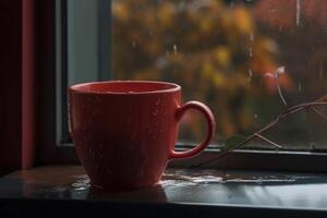 rouge tasse avec chaud thé par le fenêtre sur pluvieux l'automne jour, établi avec génératif ai photo