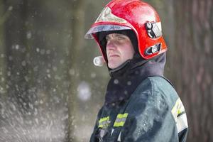 Biélorussie, le ville de Gomil, avril 06, 2017. forêt. sapeurs pompiers éteindre une Feu. sapeur pompier dans le forêt. photo