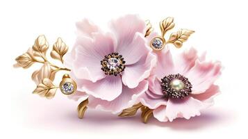 génératif ai, magnifique lumière rose fleurs broche, opale pierre et d'or Couleur palette isolé sur blanc Contexte. bijouterie, bijoux proche en haut photo