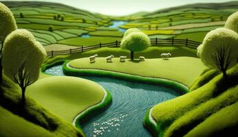 génératif ai, mignonne ferme paysage fabriqué de crochet avec des arbres, rivière, vert herbe. rêveur agricole scène fabriqué de la laine matériaux, tissu, fil, couture pour Contexte photo