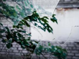 Vue d'une branche d'arbre à travers du verre brisé photo