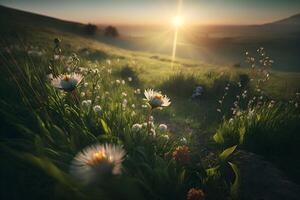 soir fleurs et vert herbe établi par génératif ai La technologie photo