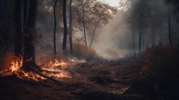 forêt Feu dans le forêt. le concept de catastrophe et écologie, brûlage sec herbe et des arbres dans le forêt photo