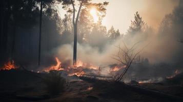 forêt Feu dans le forêt. le concept de catastrophe et écologie, brûlage sec herbe et des arbres dans le forêt photo